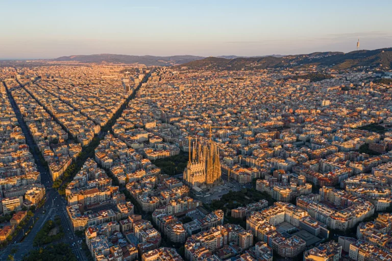 aerial view of Barcelona at first light on the famous Sagrada familia