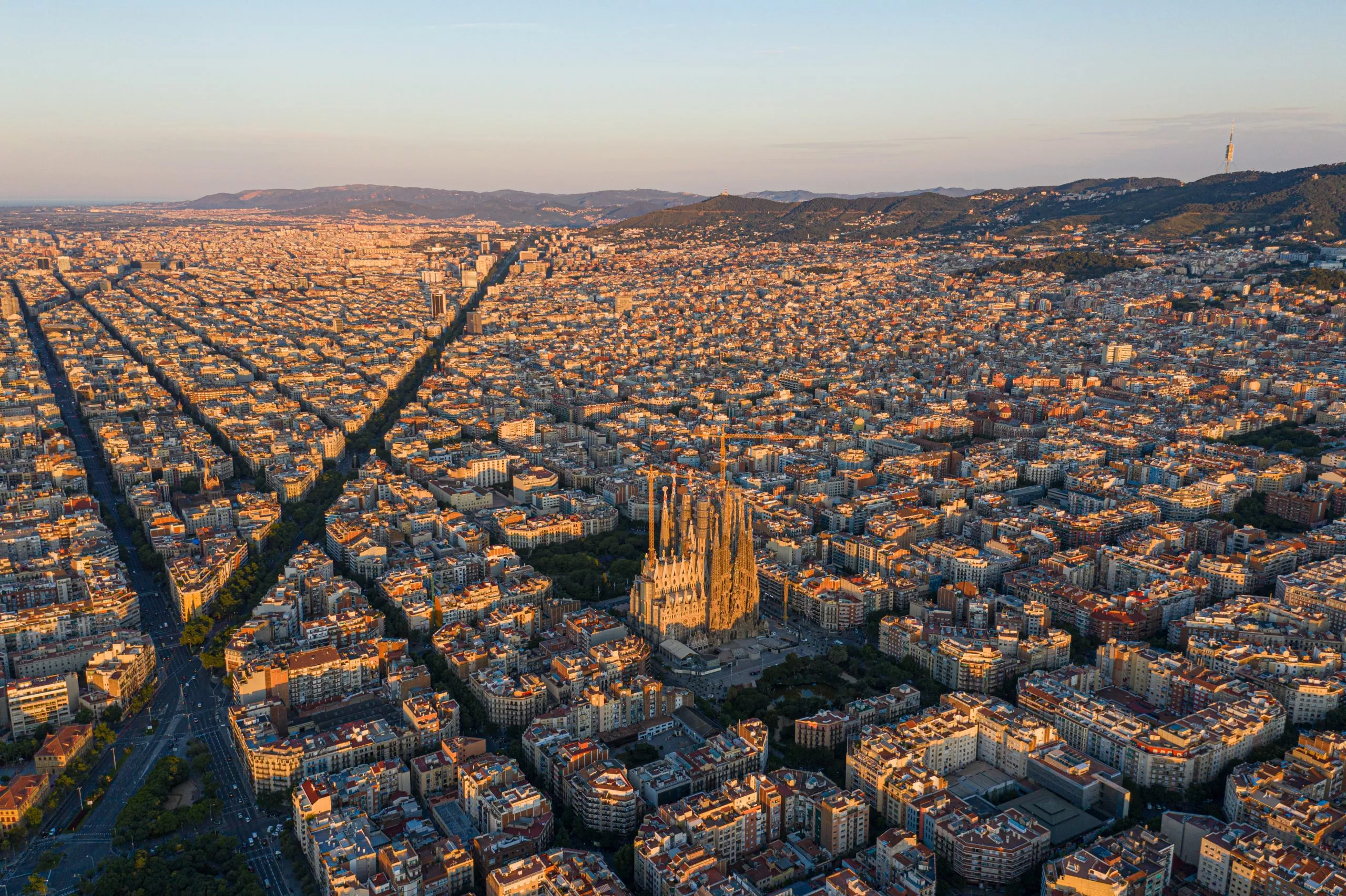 aerial view of Barcelona at first light on the famous Sagrada familia