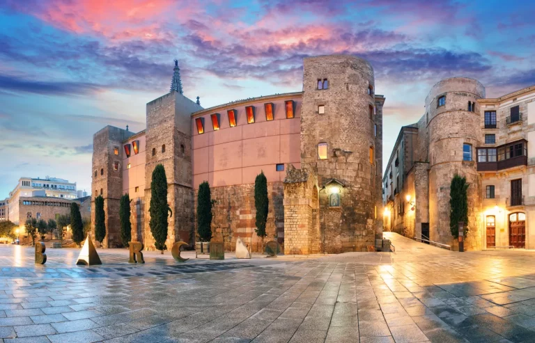 Panorama of Ancient Roman Gate and Placa Nova, Barri Gothic Quarter, Barcelona, Spain