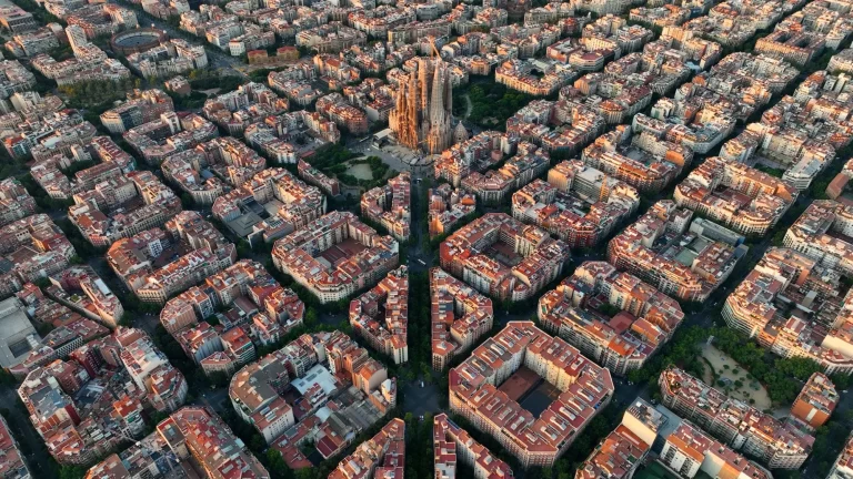 Barcelona skyline with Sagrada Familia Cathedral at sunrise. Catalonia, Spain