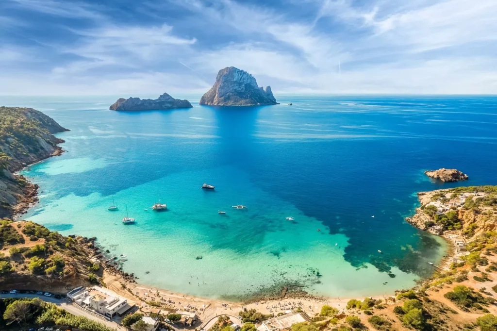 Luftfoto af Cala d"u2019Hort, Ibiza øerne, Spanien