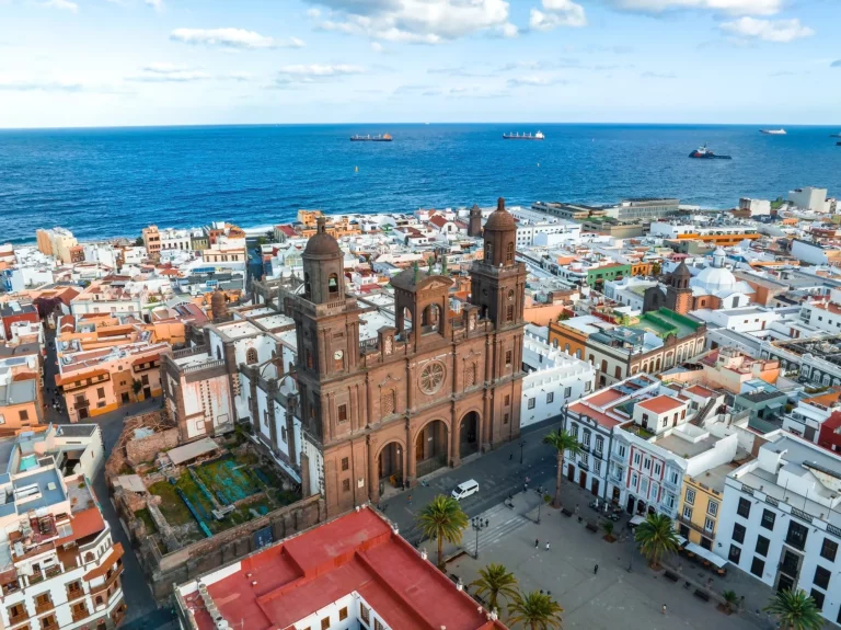 Landscape with Cathedral Santa Ana Vegueta in Las Palmas, Gran Canaria, Canary Islands, Spain. Aerial sunset view of the Las Palmas city.