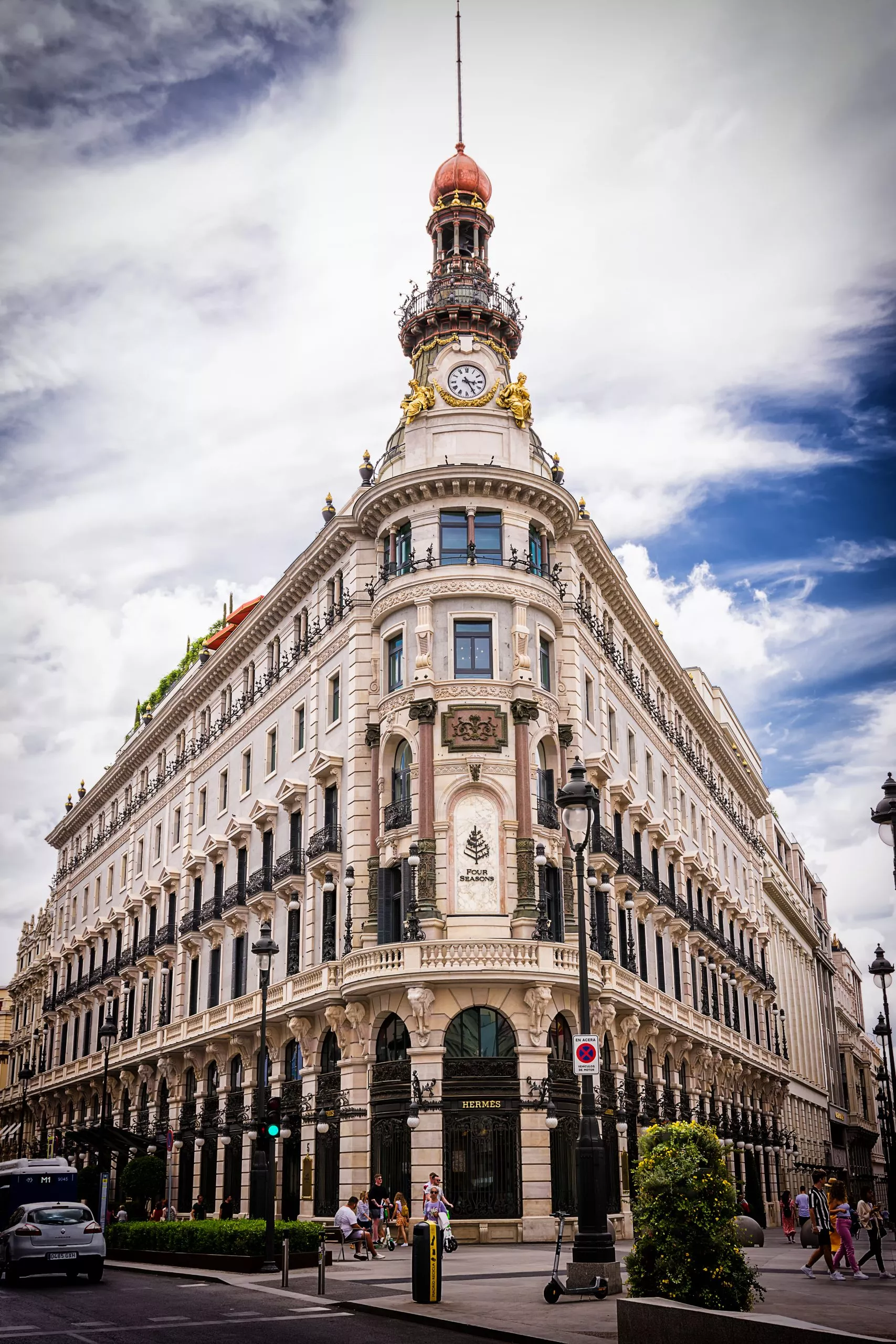 Madrid, Spain - June 20, 2022: Four Seasons Hotel building with Hermes shop on the first floor