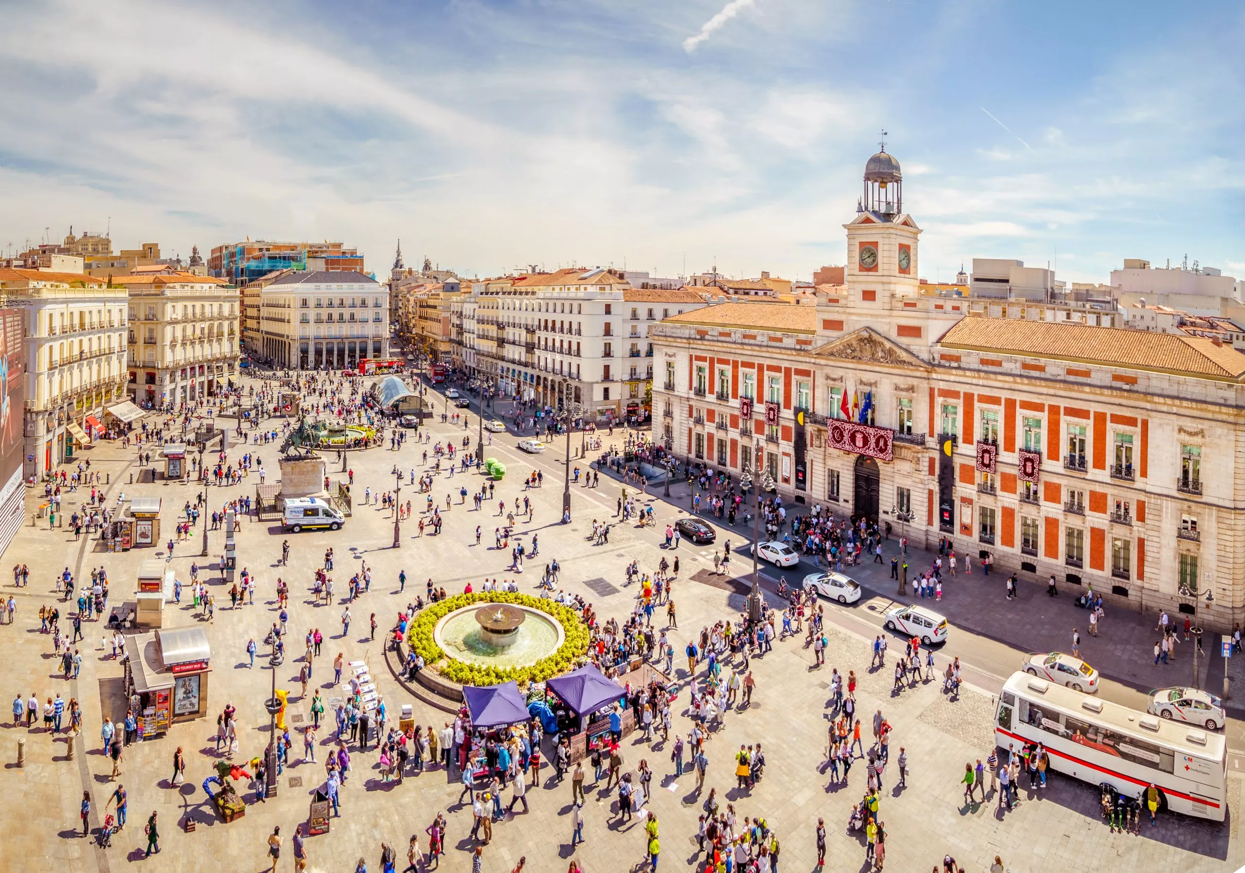 The Puerta del Sol square is the main public square in the city of Madrid, Spain. In the middle of the square is located the office of the President of the Community of Madrid.