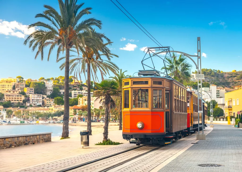 The famous orange tram runs from Soller to Port de Soller, Mallorca, Spain.