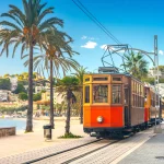The famous orange tram runs from Soller to Port de Soller, Mallorca, Spain.