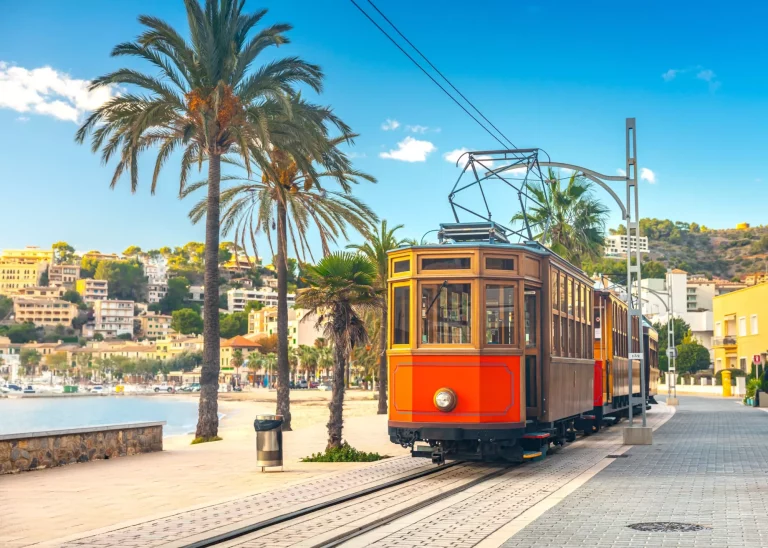 The famous orange tram runs from Soller to Port de Soller, Mallorca, Spain.