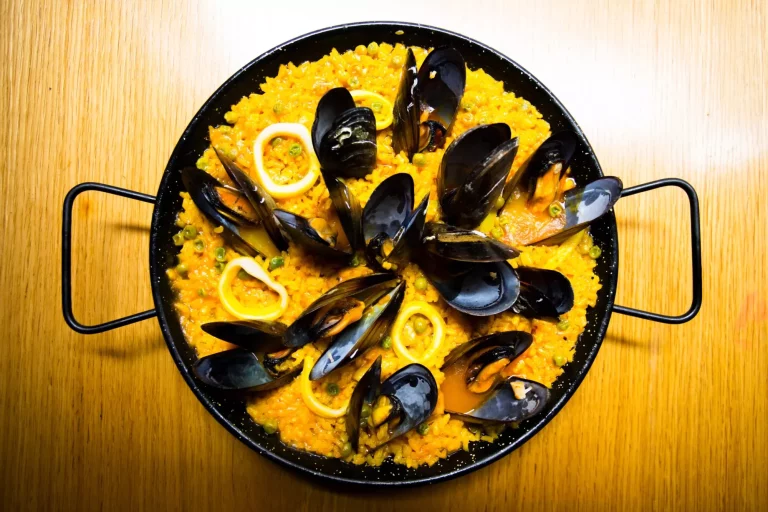 Traditional Spanish paella with red prawns from Ibiza. Typical recipe with seafood from the famous Spanish tapa.
