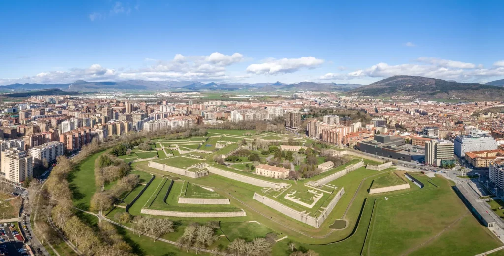 Panoramic drone shot of the famous running of the bull city with fortifications, bastions, cathedral and medieval buildings