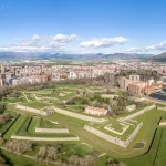 Panoramic drone shot of the famous running of the bull city with fortifications, bastions, cathedral and medieval buildings