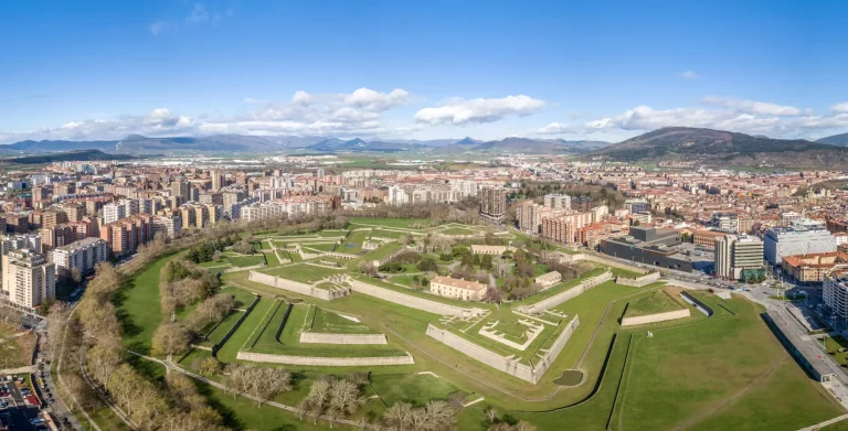 Panoramic drone shot of the famous running of the bull city with fortifications, bastions, cathedral and medieval buildings