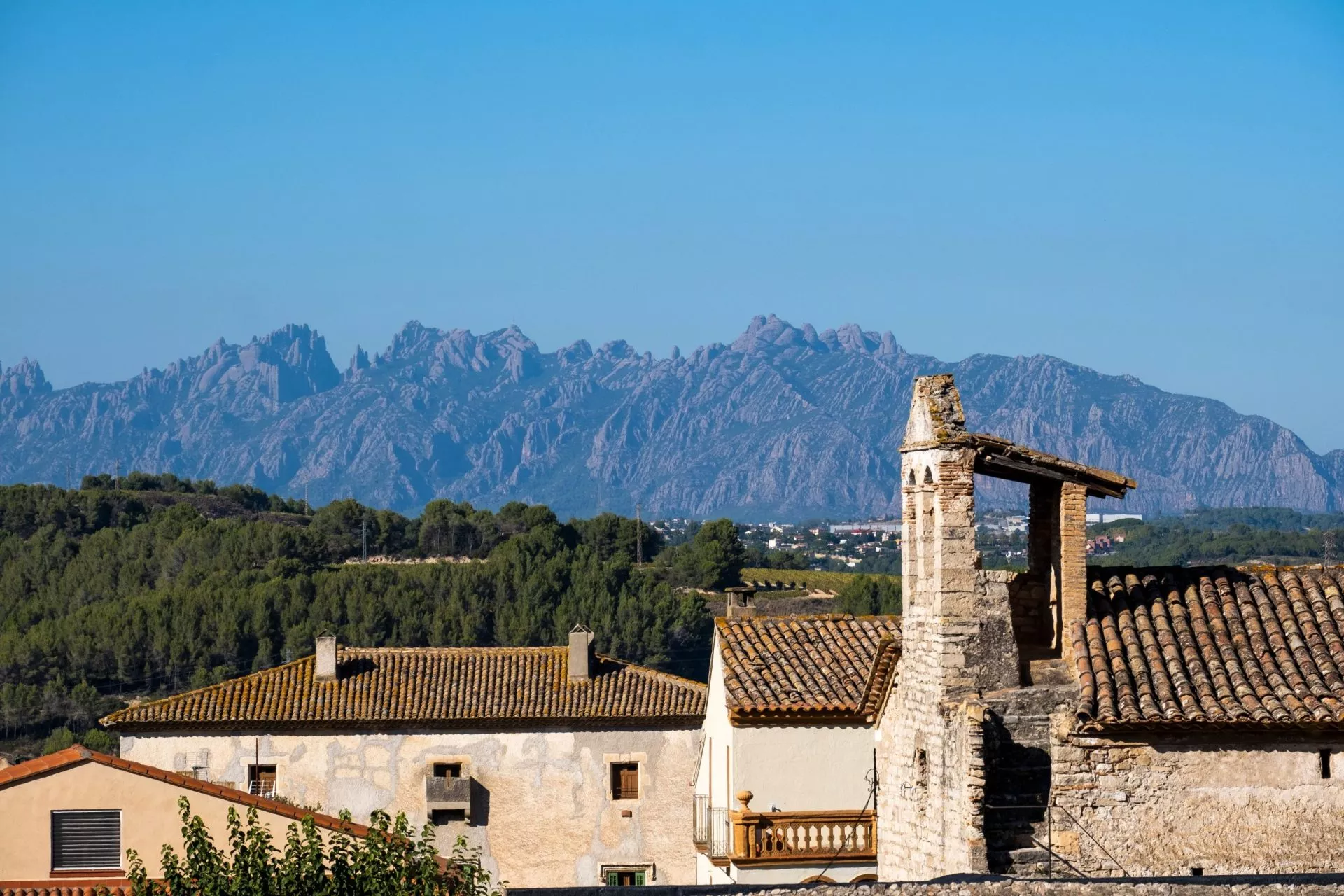 A closeup view of buildings in Torre Romana medieval village in the Penedes region