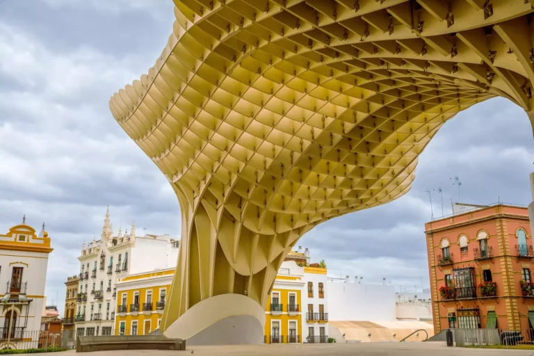 Metropol Parasol wooden structure located in the old quarter of Seville, Spain. Empty place without people