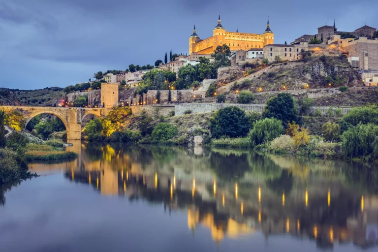 Toledo, Spain town skyline on the Tagus River.